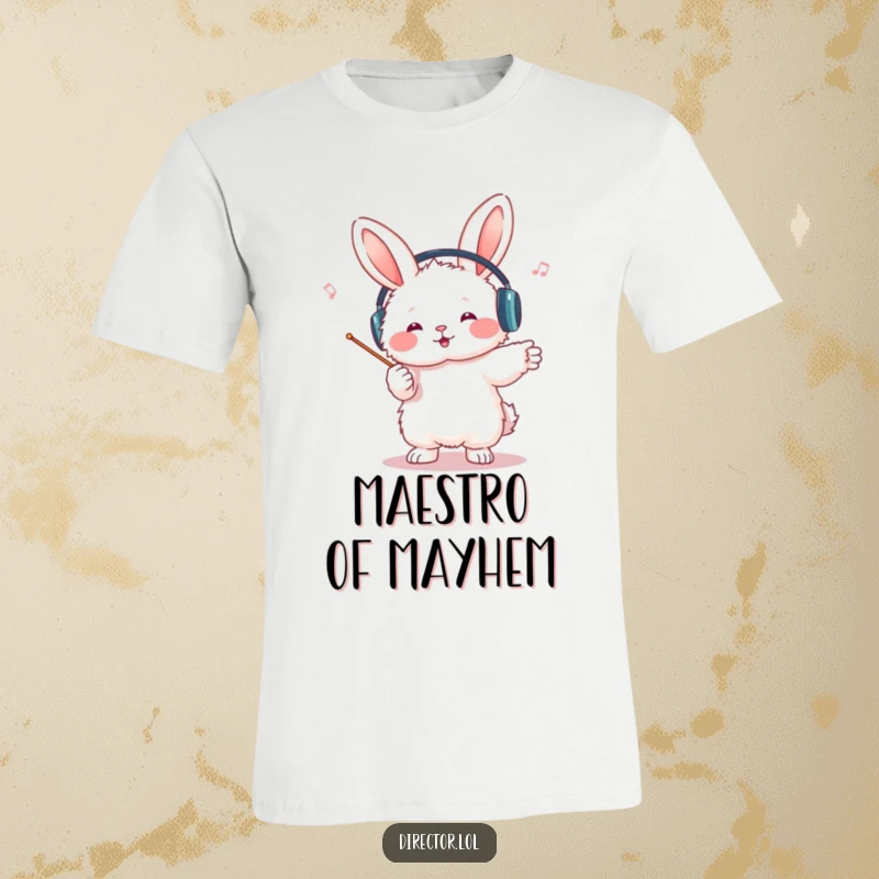 Funny bunny conductor t-shirt, wearing headphones, baton in paw, enthusiastically conducting an unseen orchestra, a whimsical and humorous musical scene.