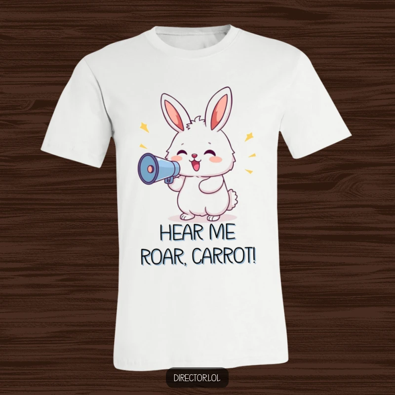Funny Bunny Megaphone T-Shirt: A fluffy bunny with a delighted expression shouts commands using a megaphone, perfect for leaders, funny.