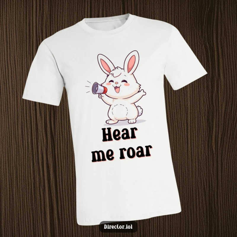 Funny Bunny T-Shirt: A fluffy bunny grins widely, gesturing wildly while holding a small megaphone.
