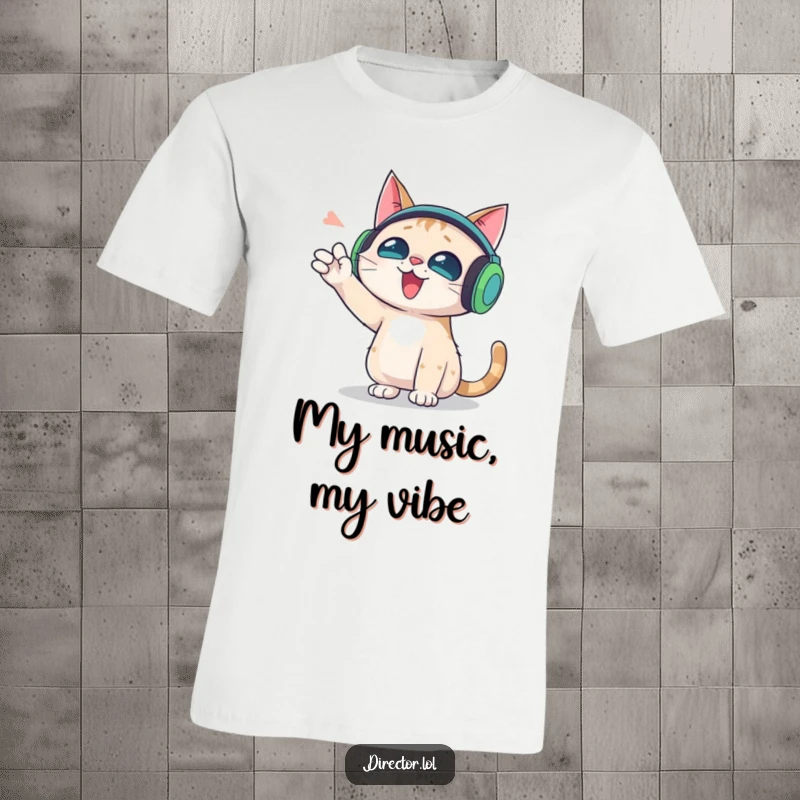 Funny t-shirt with a cat in oversized headphones gesturing wildly, celebrating music and eccentric style.