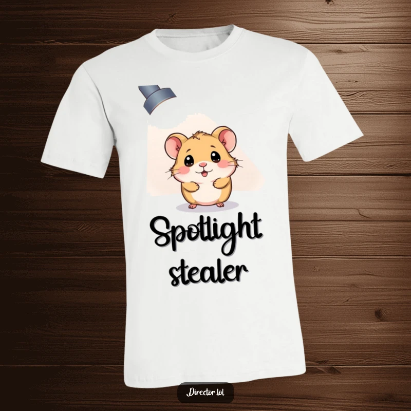 Funny T-Shirt: A curious hamster peeks from behind a massive, bright spotlight, playing peek-a-boo with humor.