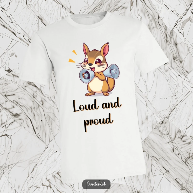 Funny T-Shirt: Energetic squirrel with a tiny megaphone, shouting commands with sparkly eyes, action-oriented design.