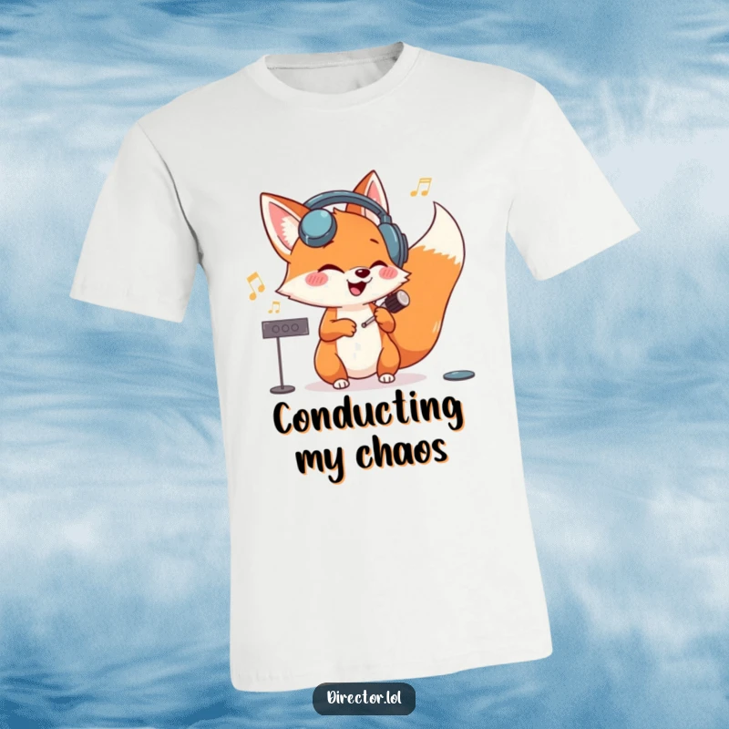Funny fox with oversized headphones, giggling and conducting an imaginary orchestra with great enthusiasm on this fun t-shirt.