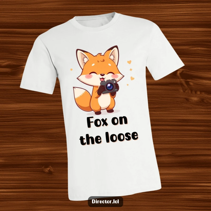 Funny Fox Director T-Shirt: A charming fox holding a script gestures wildly with a prop camera, celebrating filmmaking, a humorous gift.