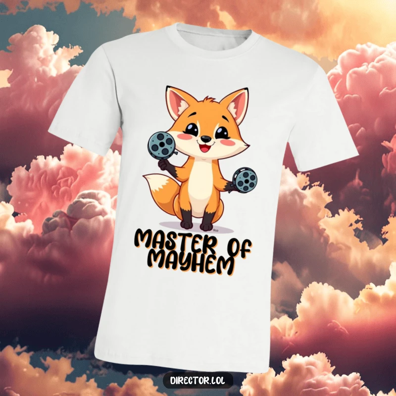 Funny t-shirt featuring a playful fox with a mischievous grin, skillfully juggling tiny film reels, embodying cinematic artistry and joy.