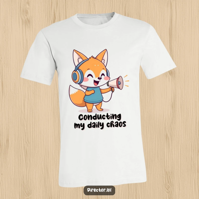 Funny t-shirt depicting a cheerful cartoon fox wearing headphones, directing invisible actors with a tiny megaphone.