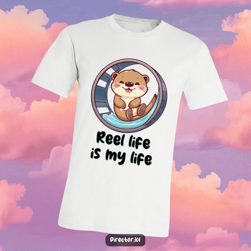 Funny t-shirt featuring a joyful otter gleefully sliding down a giant film reel, celebrating cinema.