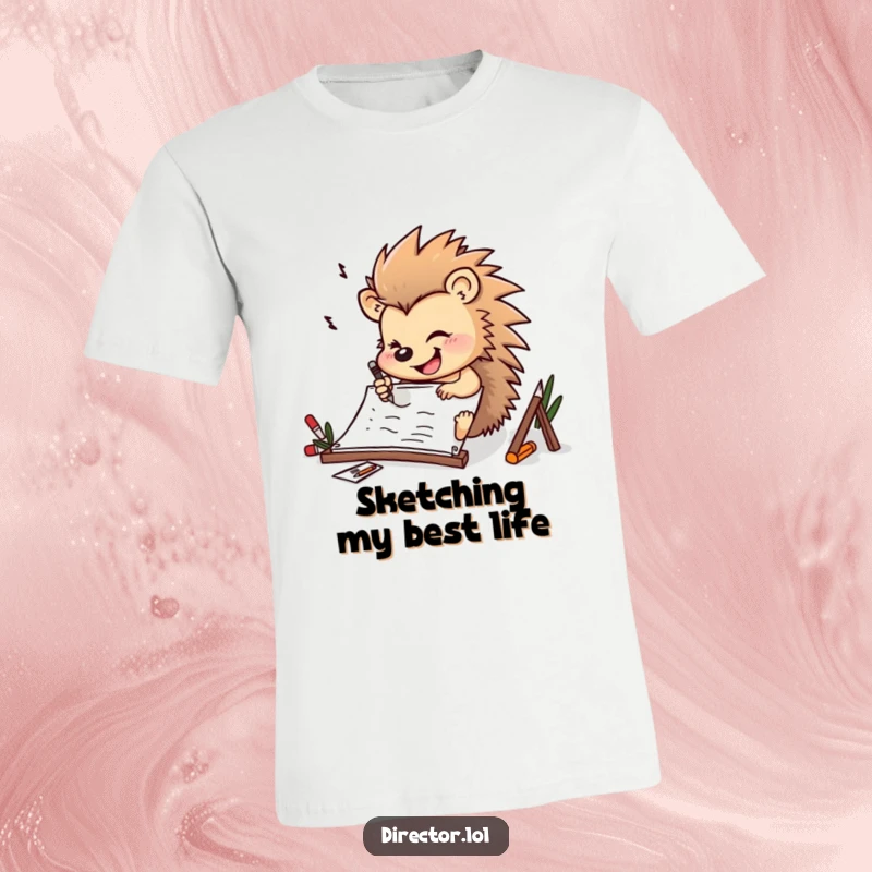 Funny determined hedgehog drawing furiously on a storyboard with a cheerful smile on this artistic and inspiring t-shirt.