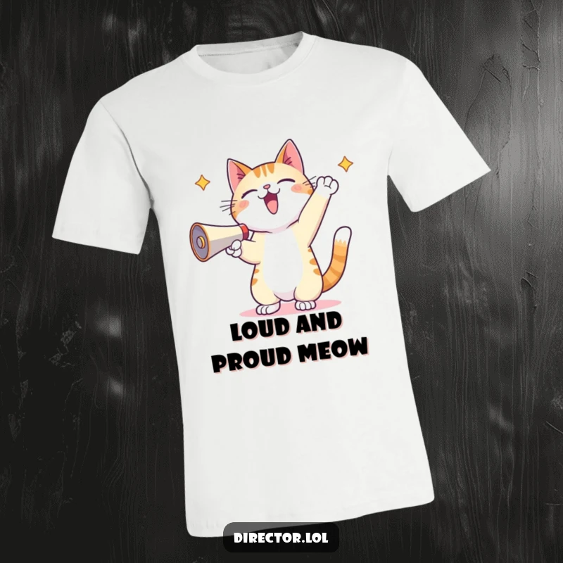 Funny Kawaii Cat T-Shirt: An energetic kawaii cat shouts into a megaphone with paws raised, expressing joy and a desire to communicate.