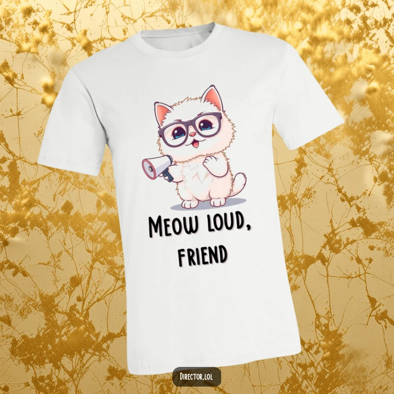 Funny t-shirt: A fluffy white kitten sporting oversized glasses zealously waves a mini megaphone, embodying pure, unadulterated excitement.