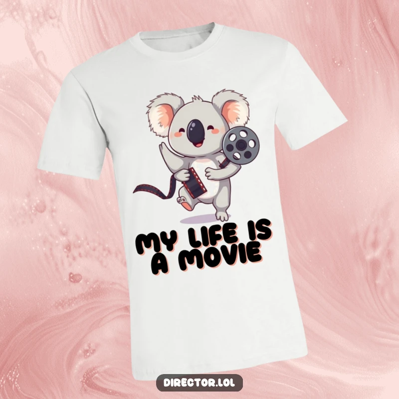 Funny t-shirt with a cool koala holding a film reel, striking a fun pose, ideal for movie enthusiasts.