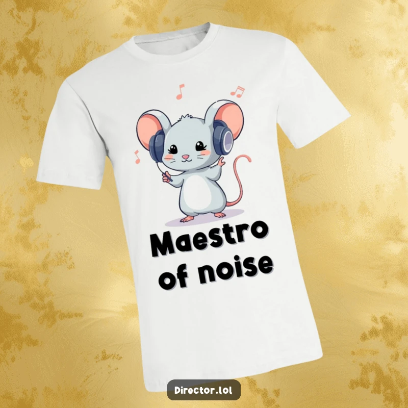 Funny t-shirt showing a tiny mouse wearing large headphones, passionately conducting an unseen orchestra, radiating musical joy and energy.