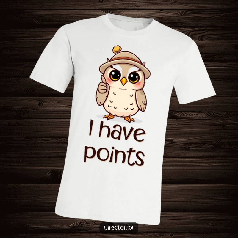 Funny t-shirt depicting a happy owl in a tiny hat, dramatically gesturing with a miniature pointer, conveying wisdom and humor.