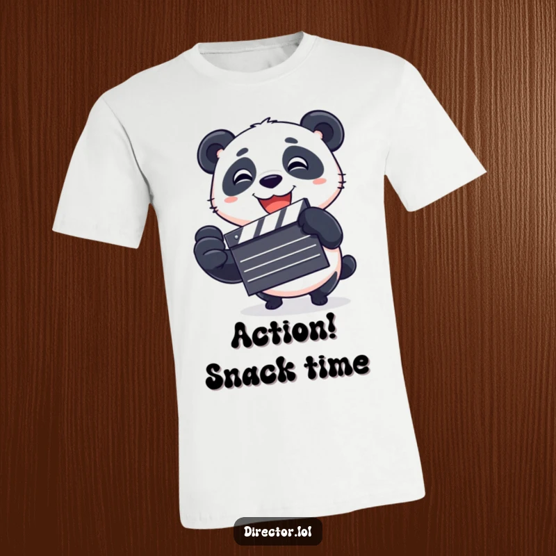 Funny T-Shirt showcasing a playful panda enthusiastically spinning a clapboard, signaling the start of a humorous and exciting cinematic production.