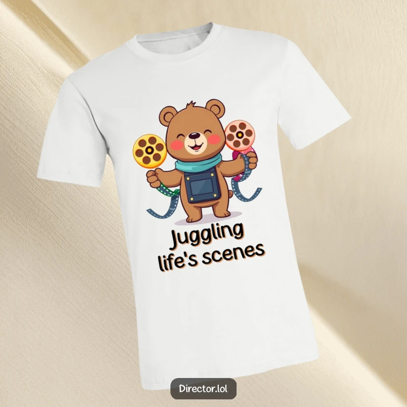 Funny smiling bear joyfully juggling three colorful film reels, a humorous graphic t-shirt celebrating movies and playful talent.