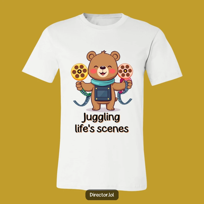 Funny Smiling Bear Juggling Tee: Playful Film Reel Shirt for Movie Buffs