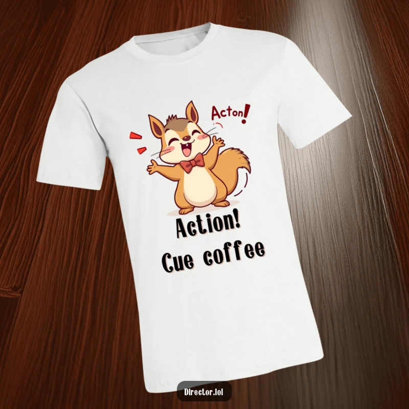 Funny Squirrel Director T-Shirt: A cheerful squirrel in a tiny bow tie enthusiastically shouts Action! ready to begin, tail wagging.