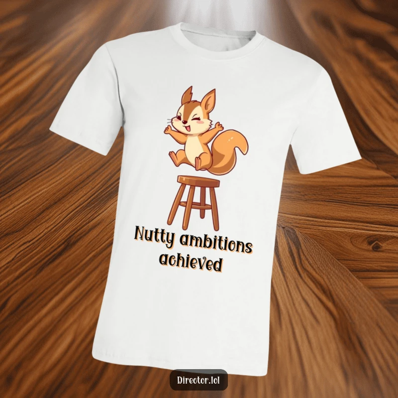 Funny Squirrel T-Shirt: A dynamic squirrel is in mid-leap, landing on a high stool with laser-like focus, ready for action.