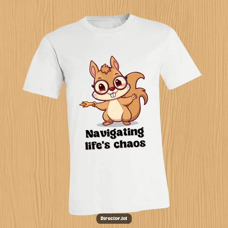 Funny squirrel t-shirt with a mischievous squirrel wearing a monocle, enthusiastically pointing with a tiny arrow.