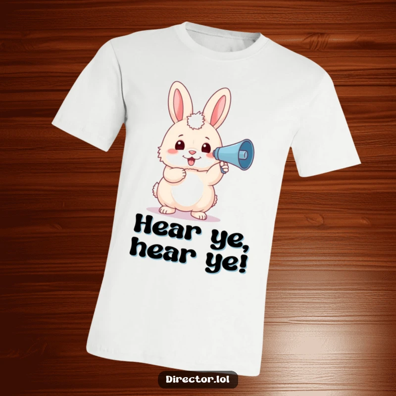 Funny fluffy bunny with a beret, enthusiastically using a miniature megaphone to shout encouragement on this hilarious t-shirt.