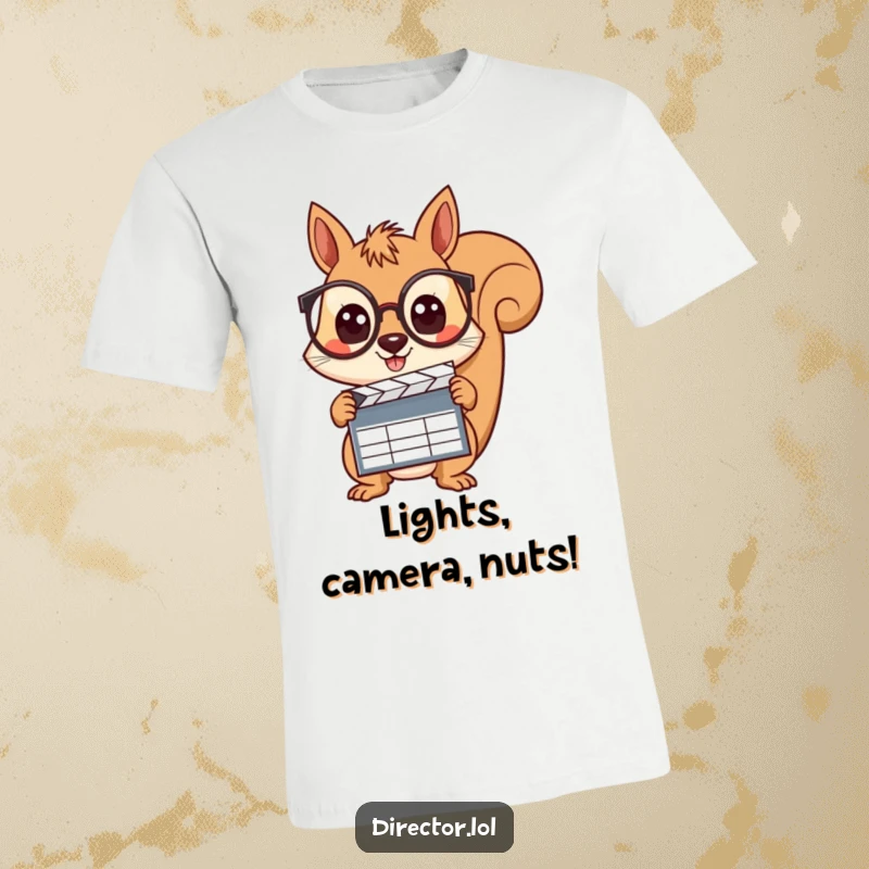 Funny squirrel sporting spectacles, holding a clapboard with wide, curious eyes, ready to capture great moments on this fun t-shirt.