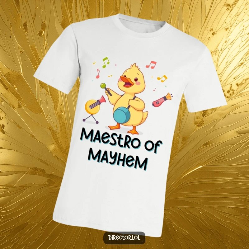 Funny Duckling Conductor T-Shirt: A cute duckling energetically conducts a symphony of toy instruments with joyful determination.