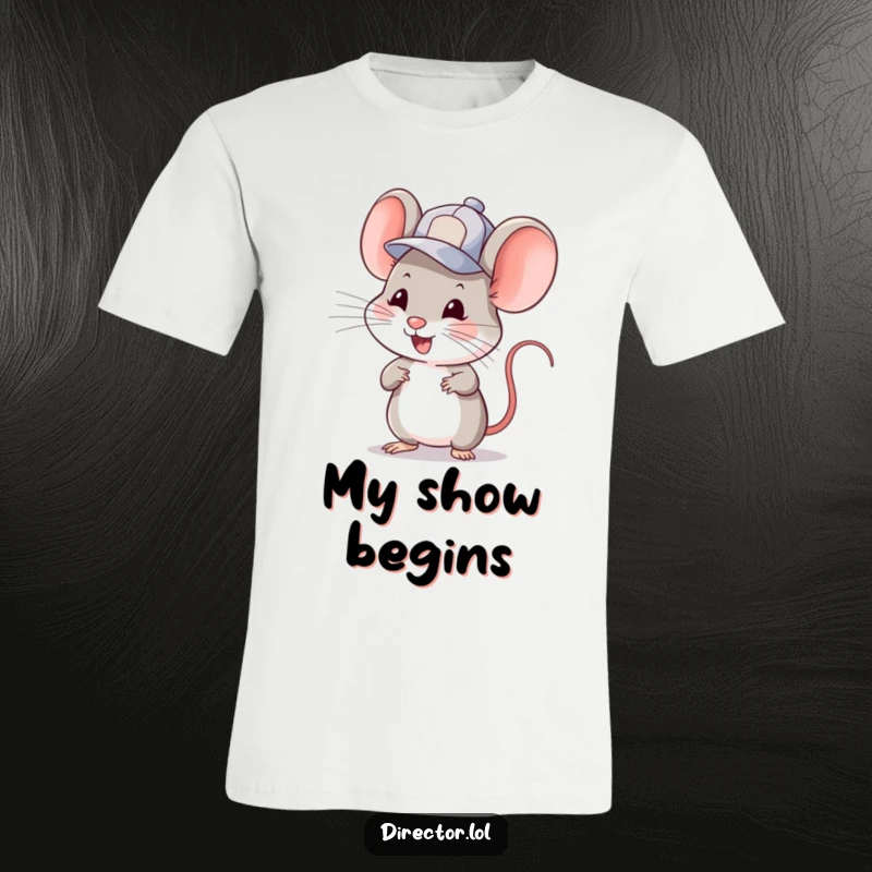Funny mouse wearing a small cap, winking and gesturing with excitement to start a scene. A humorous t-shirt, funny gift.