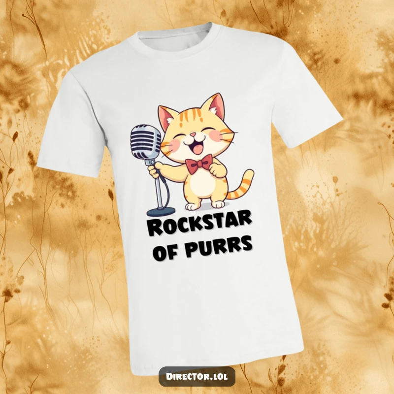 Funny cat microphone t-shirt, a dapper cat in a bowtie, dramatically sweeping a large ornate microphone, conveying pure joy and singing enthusiasm.