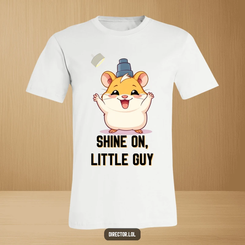 Funny t-shirt with a joyful hamster adjusting a spotlight with a big grin, ready for their moment.