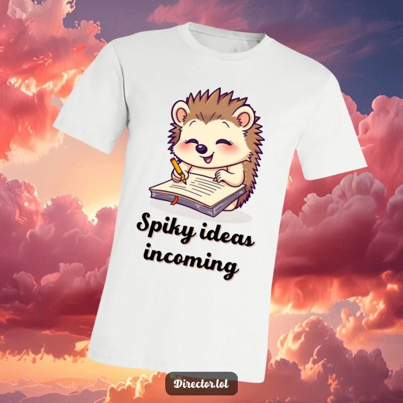 Funny giggling hedgehog scribbling notes intensely on a large yellow notepad, a cute and humorous graphic t-shirt for writers.