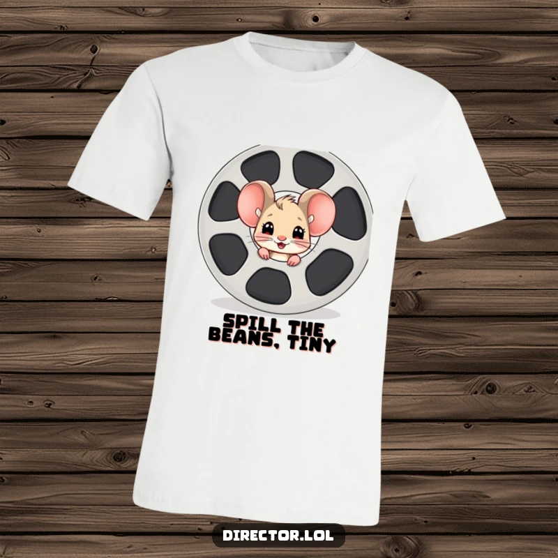 Funny mouse film reel t-shirt, a curious cartoon mouse peeking around a giant film reel, showcasing pure excitement for cinematic adventures.
