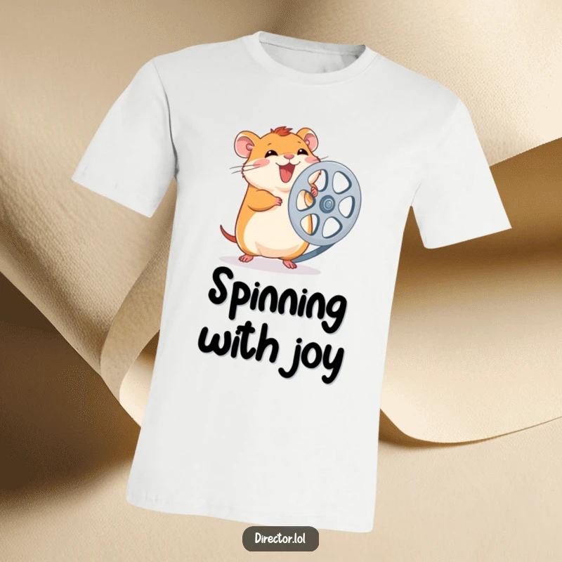 Funny Hamster Film Reel T-Shirt: A giggling hamster enthusiastically spins a large film reel, capturing the joy of filmmaking, a humorous gift.