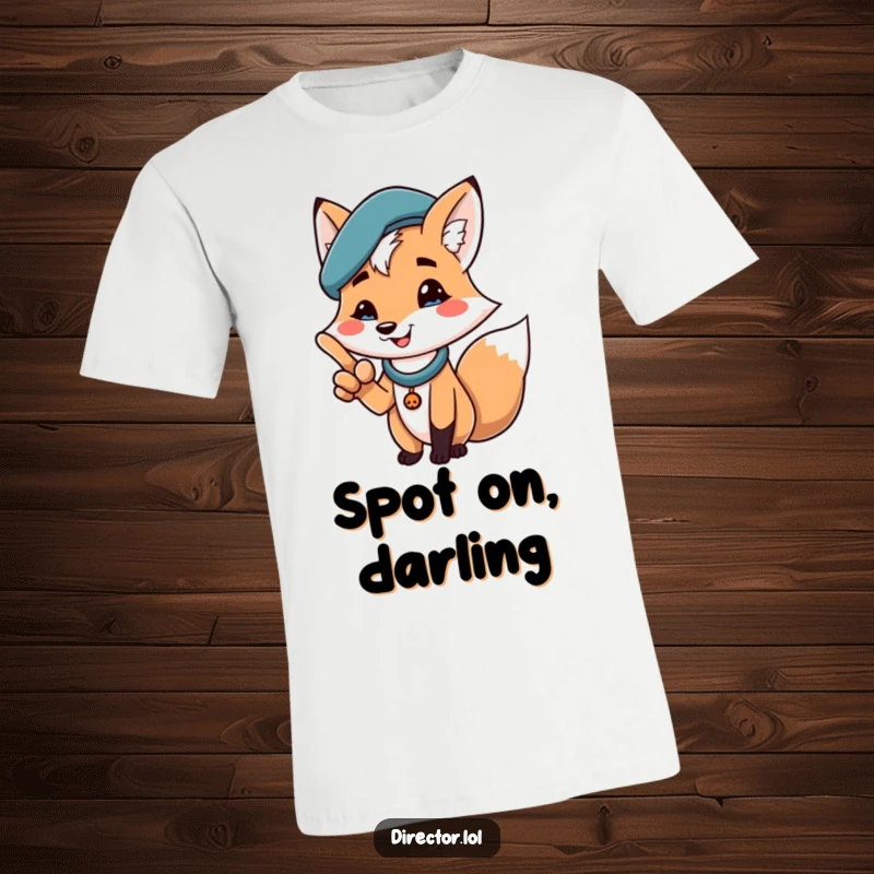 Funny t-shirt featuring a cheerful fox in a beret, dramatically pointing with a proud smile, perfect for assertive and humorous individuals.