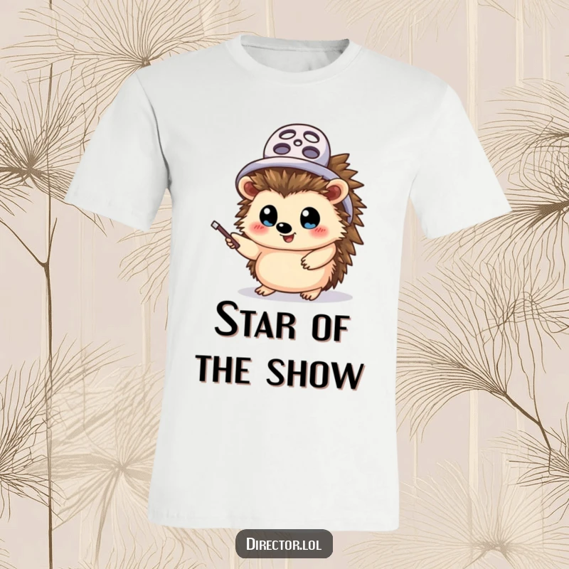 Funny hedgehog director t-shirt, a cheerful hedgehog in a film reel hat, wide-eyed and waving a pointer stick, ready to direct the scene.
