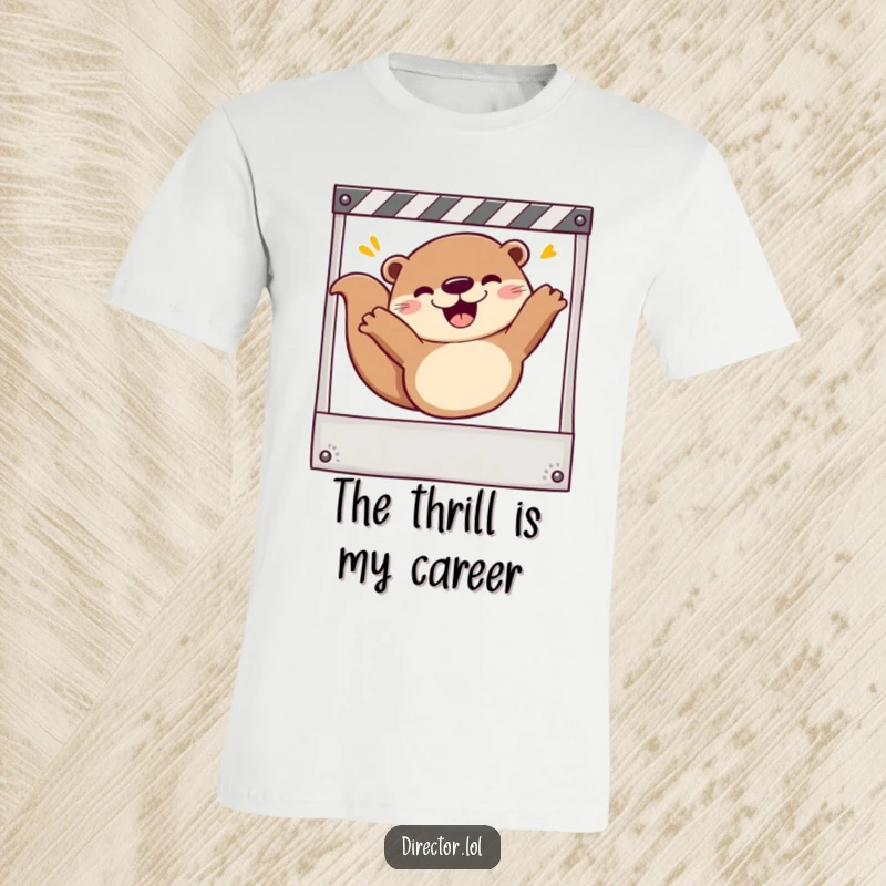 Funny T-Shirt: Gleeful otter sliding down a storyboard frame, embodying pure cinematic excitement and joy for movie fans.
