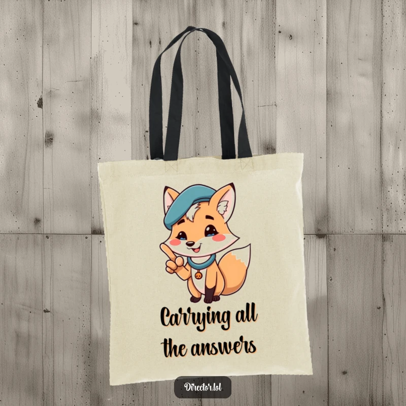 Funny tote bag showcasing a cheerful fox in a beret, dramatically pointing with a proud smile, a stylish and humorous carry-all.