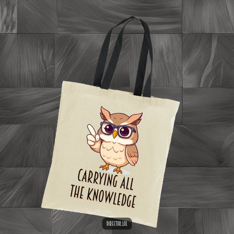 Funny Tote Bag: Proud owl with glasses directing an imaginary stage, a symbol of theatrical ambition and style.