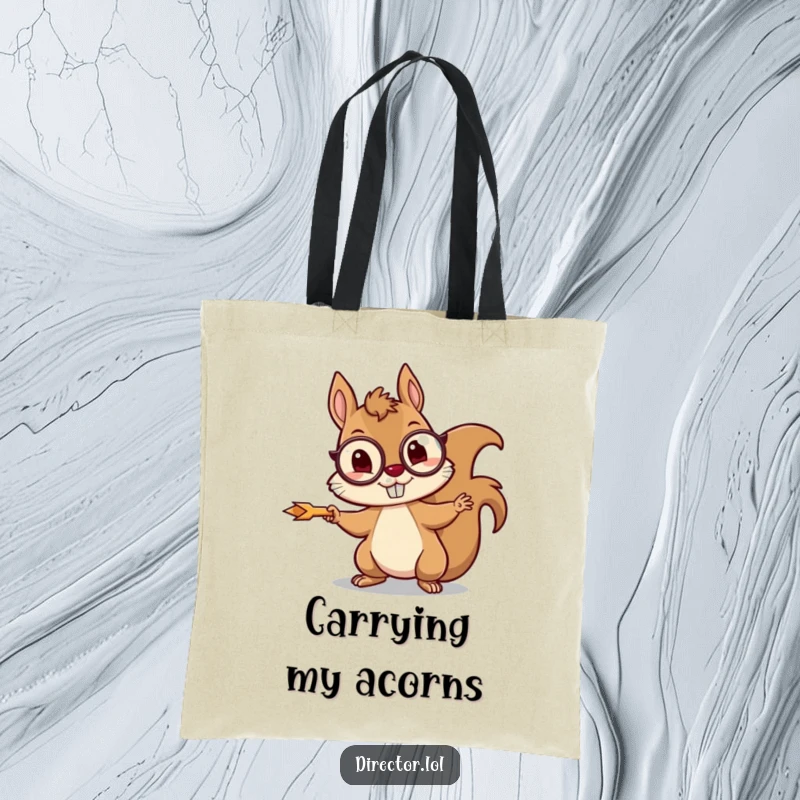 Funny squirrel tote bag with a mischievous squirrel wearing a monocle, enthusiastically pointing with a tiny arrow.