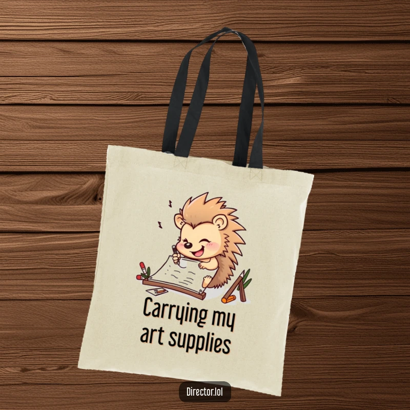 Funny determined hedgehog drawing furiously on a storyboard with a cheerful smile on this spacious and stylish tote bag.