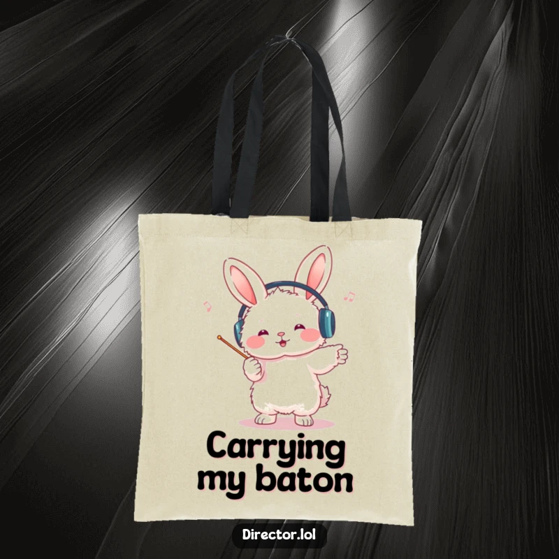 Funny bunny conductor tote bag, strong and stylish, a fluffy bunny wearing headphones, directing an imaginary orchestra with a tiny baton.