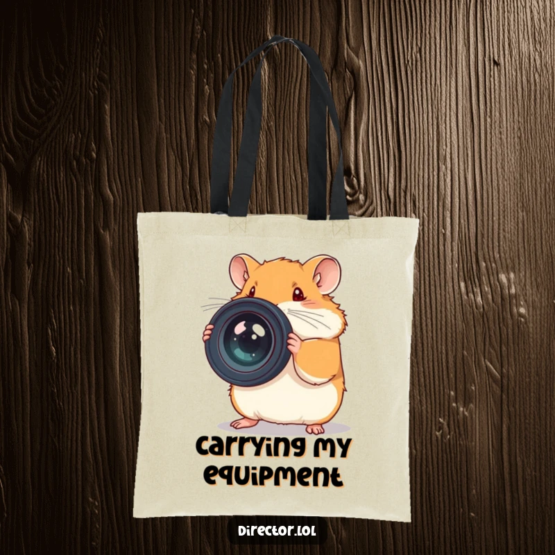 Funny tote bag with a determined hamster adjusting a huge camera lens, ideal for photo walks.