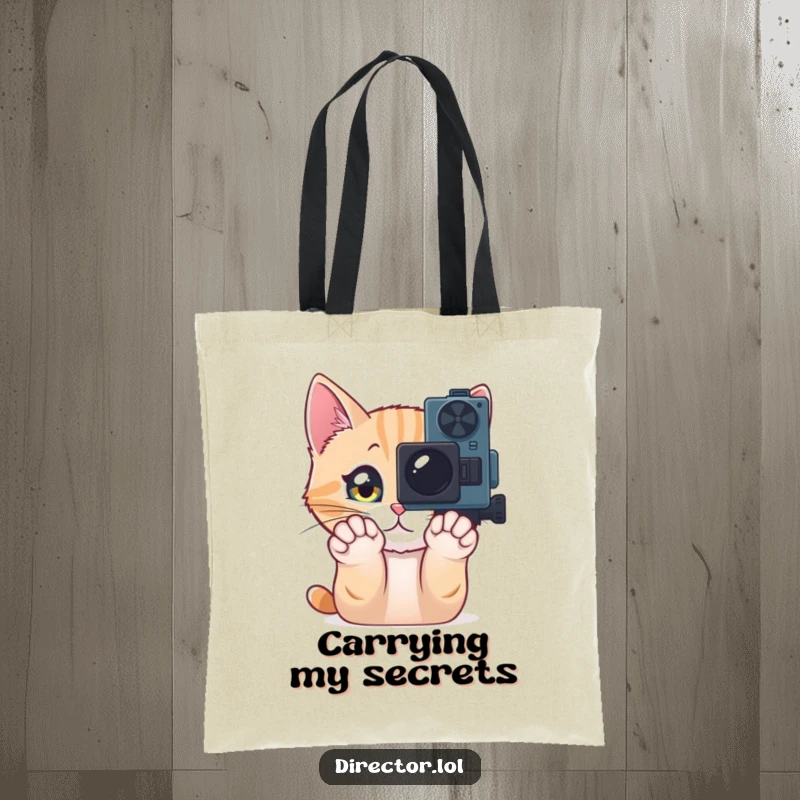 Funny Tote Bag featuring a curious cat pawing at a movie camera, ideal for carrying essentials with a humorous and adorable cinematic theme.