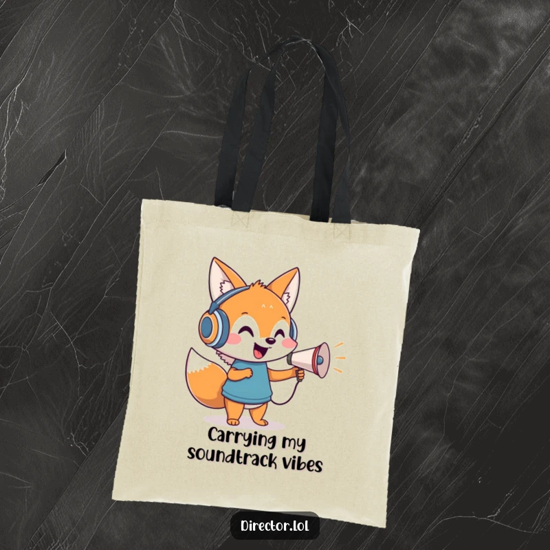 Funny tote bag featuring a cheerful cartoon fox in headphones directing with a megaphone, ready for action.