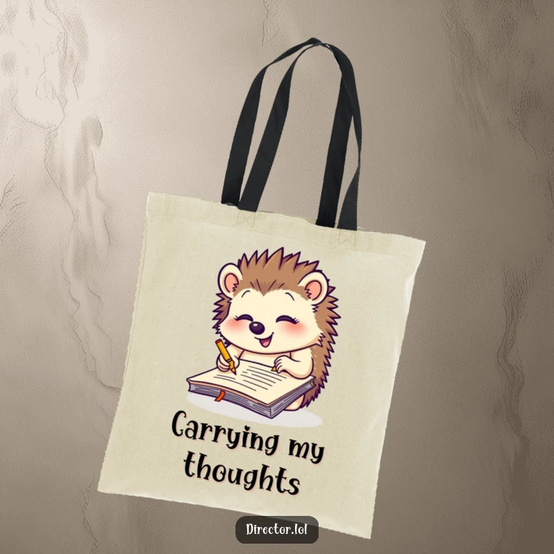 Funny giggling hedgehog intensely scribbling notes on a large yellow notepad, a humorous and practical tote bag for note-takers.