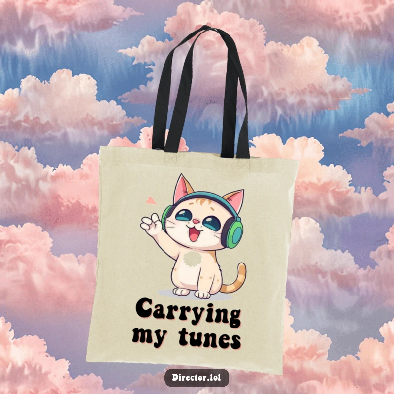 Funny tote bag with a cat wearing oversized headphones, gesturing wildly at a scene, for music lovers.