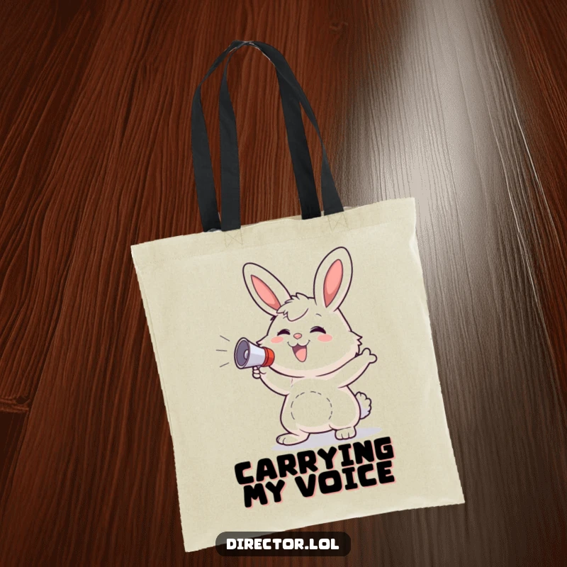 Funny Bunny Tote Bag: A fluffy bunny grins enthusiastically while gesturing wildly with a small megaphone.