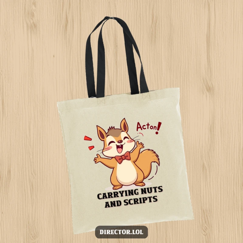 Funny Squirrel Director Tote Bag: A squirrel in a bow tie enthusiastically shouts Action! ready to direct, tail wagging.