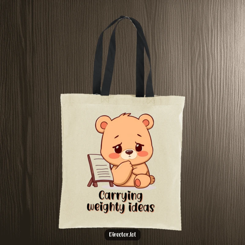 Funny Bear Director Tote Bag: A bear thoughtfully taps its chin while studying a storyboard with a furrowed brow.