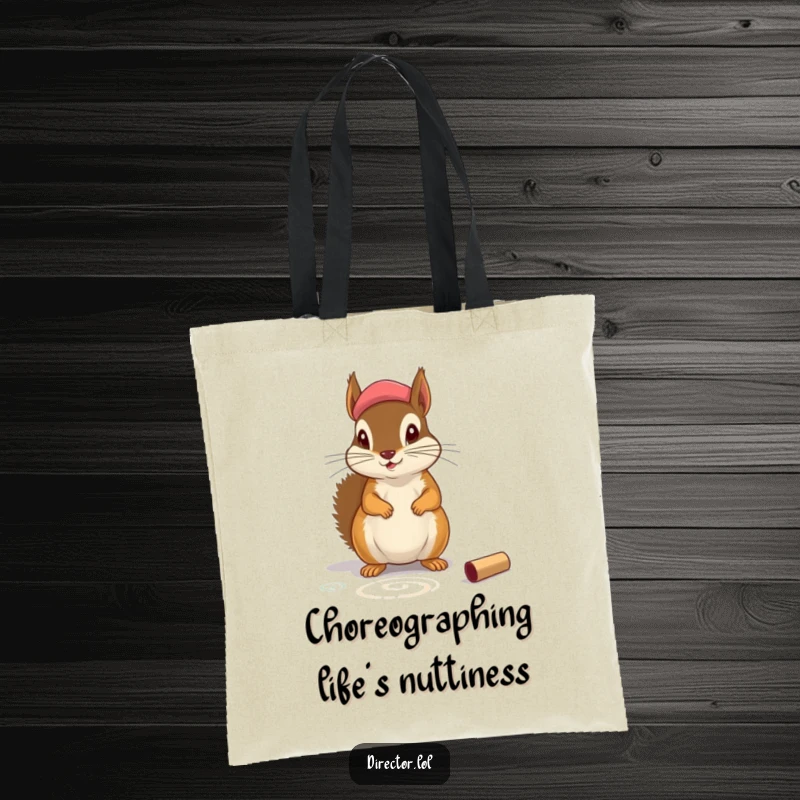 Funny Tote Bag: A charming squirrel sporting a beret, drawing theatrical lines on a studio floor, full of funny artistic energy.