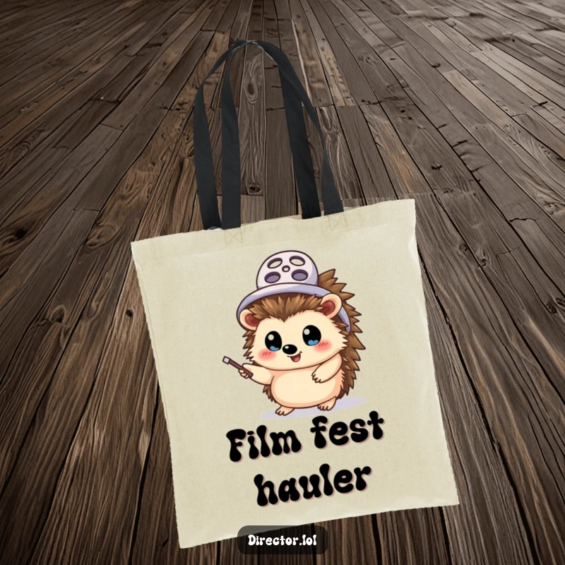 Funny hedgehog director tote bag, durable and practical, a cheerful hedgehog in a film reel hat, waving a pointer stick with wide, director's eyes.